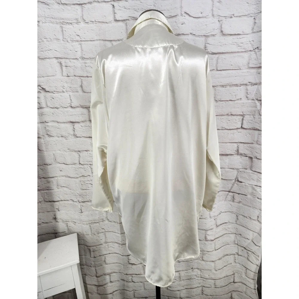 Adonna Satin Sleep Shirt Dress Long Sleeve Bridal White Embroidered Crest Large